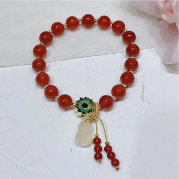 New Gold Plated Glorious Lotus Red Agate Charm Bracelet - Picture 9 of 12